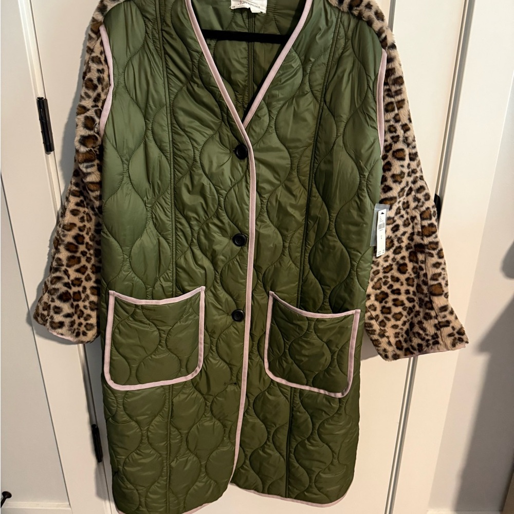 RARE!! ANTHROPOLOGIE Olive Green and Leopard Print liner coat - Picture 5 of 6